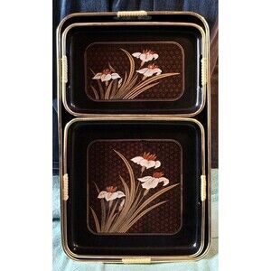 Lacquerware Tray Set Painted Shikki Ware 3 Piece Nesting Barware Serving Trays